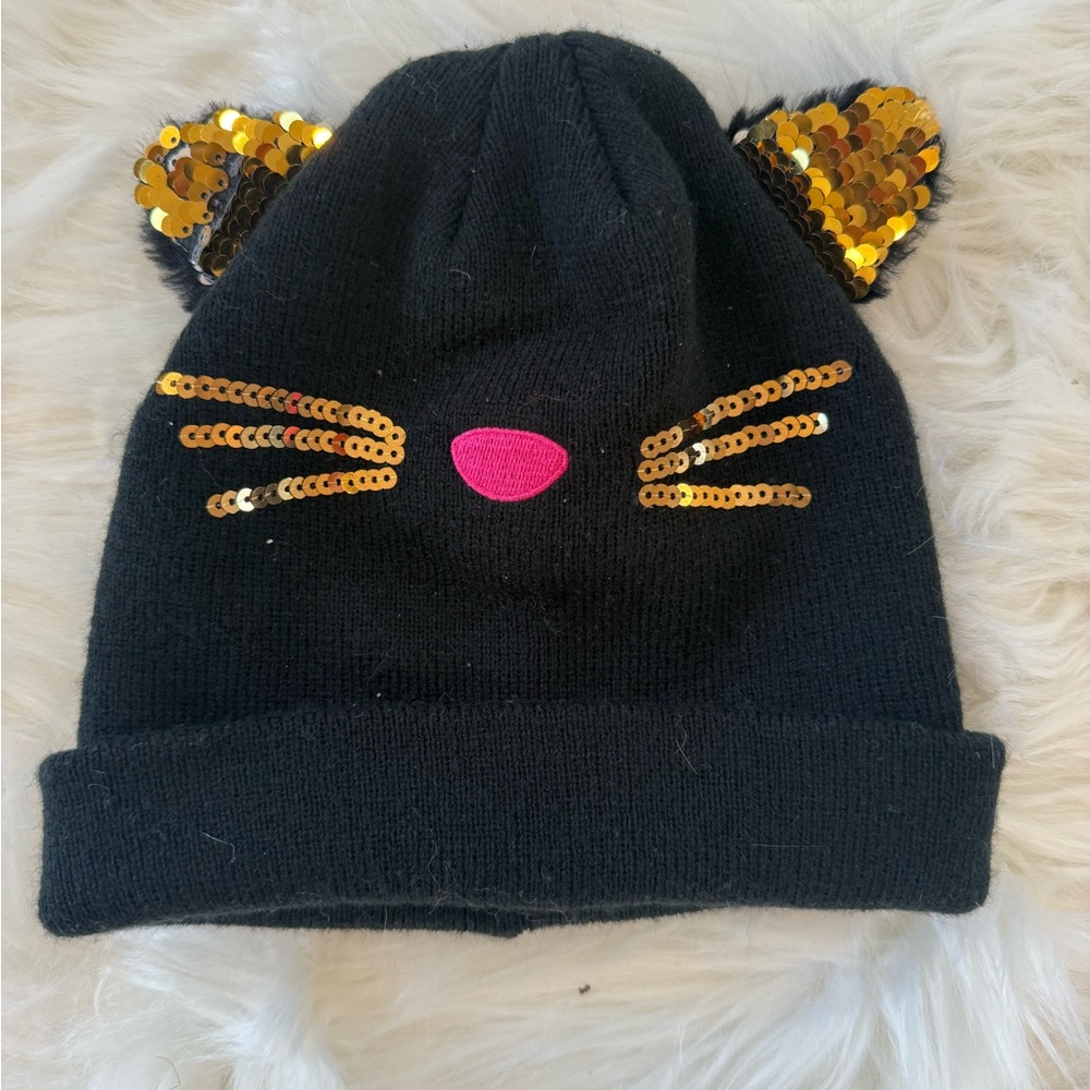 Black and Gold Sequin Cat Ear Beanie